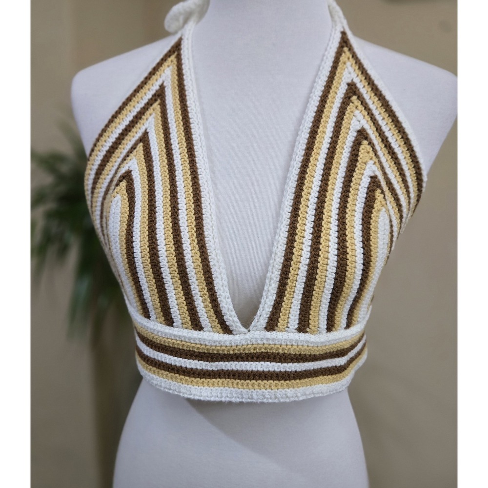 Windsor Crochet Halter Bralette Womens Large Brown Cream Boho Festival‎ Hippie